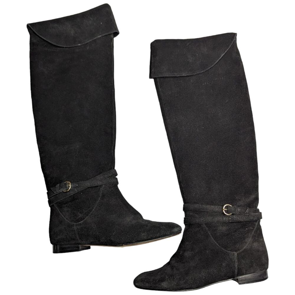 Bettye Muller Anthropologie Black Suede Fold Top Over the Knee Flat Boots 37.5 7